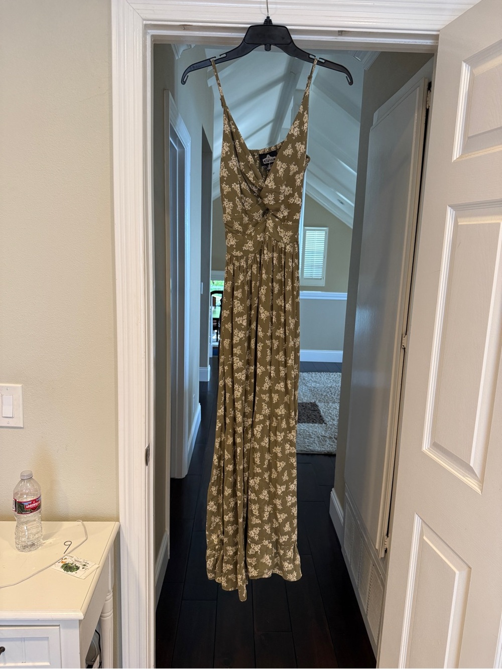 Angie Olive Green Floral Maxi Dress with White Print